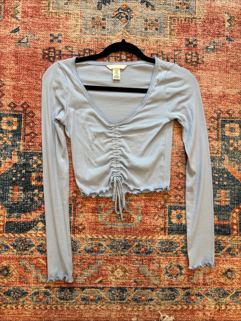 H&M Light Blue Ruched Drawstring Long-Sleeve Crop Top